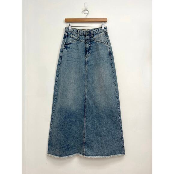 Free People We The Free Come As You Are Rigid Denim Distressed Maxi Skirt Size 0 - Picture 9 of 9
